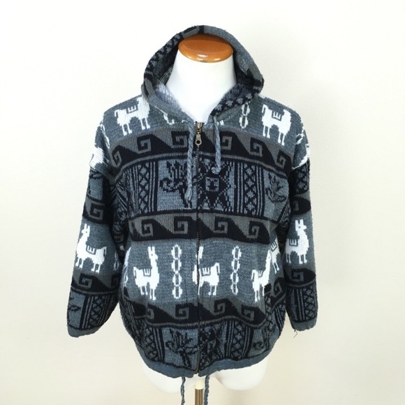 Tejidos Ruminahw Other - Tejidos Ruminahw Alpacas Aztec Hooded Jacket Gray Black Men’s Small